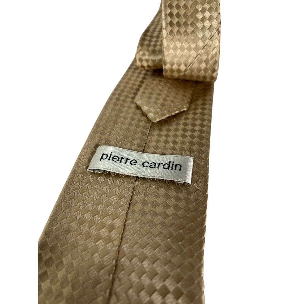 Pierre Cardin Mens Gold Champagne Checkerboard‎ Woven Formal Silk Necktie Tie